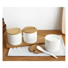 RSCHEF Кухонные керамические баночки для специй из трех частей, собранная бамбуковая корзина с ложкой, деревянная крышка