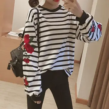 

New Fashion 2018 Women Lady Embroidered Long Sleeve Blouses Tops Casual Floral Loose Girl Striped Shirts Tops
