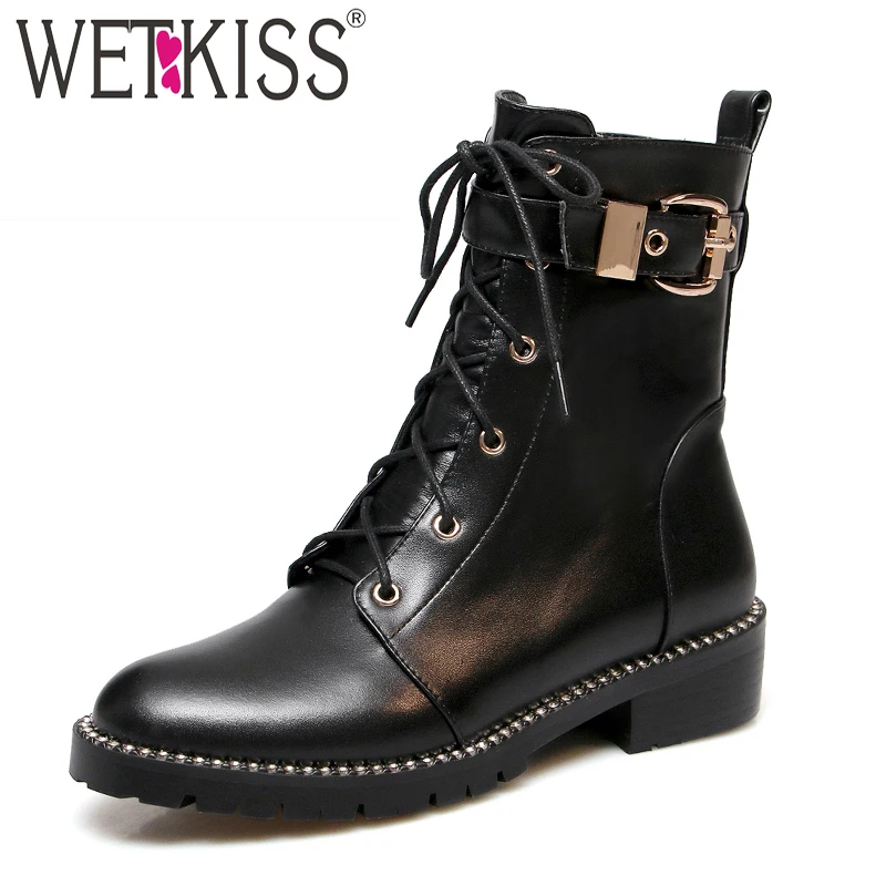

WETKISS Leather Women Ankle Boots Round Toe Lace Up Footwear Thick Heels Motorcycle Lady Boots Platform Shoes Woman 2018 Winter