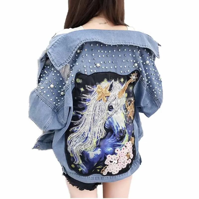 

2019 Hot Cowboy Denim Jacket Loose Coat Pearl Holes Cartoon Printing Long Sleeve Bf Jacket Mujer Bts Jackets Streetwear Chaqueta