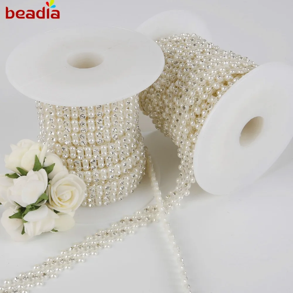 

1M ABS Imitation Pearl Bead Chain Trim with Crystal Rhinestone for DIY Wedding Birthday Party Craft Decoration Jewelry Findings