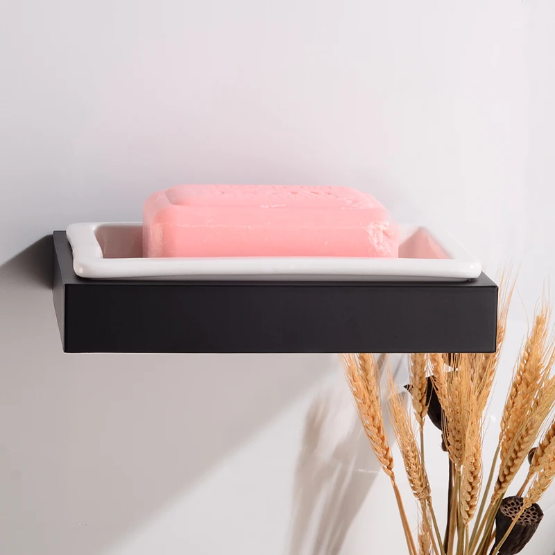 Soap Dish Storage Holder Wall Mounted Soap Holder Shower Space Aluminum Decorative Bathroom Soap Rack Black Bath Accessories