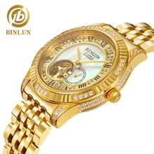 BINLUN 18K Gold Luxury Automatic Watch Skeleton Movement Watch Men's Sapphire Crystal Diamond Automatic Business Men's Watches