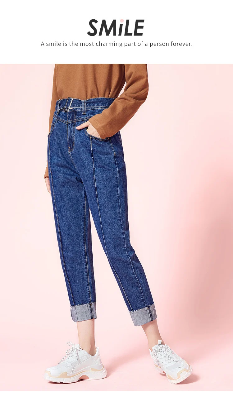 SEMIR Для женщин 100% хлопок бойфренда укороченные джинсы с пряжкой ремня Regular Fit лодыжки джинсы из стираного денима с Roll-up подол