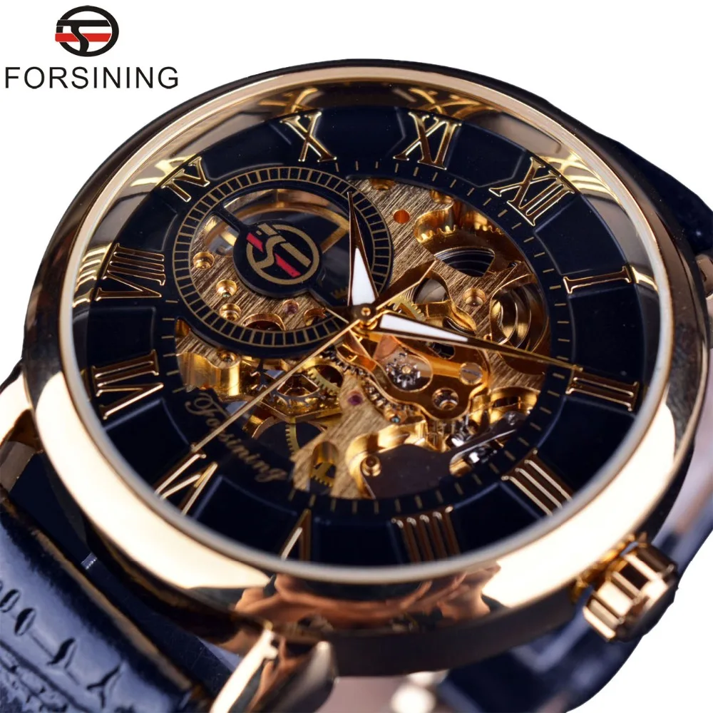 Forsining Men Watches Top Brand Luxury Mechanical Skeleton Watch Black Golden 3D Literal Design Roman Number Black Dial Designer