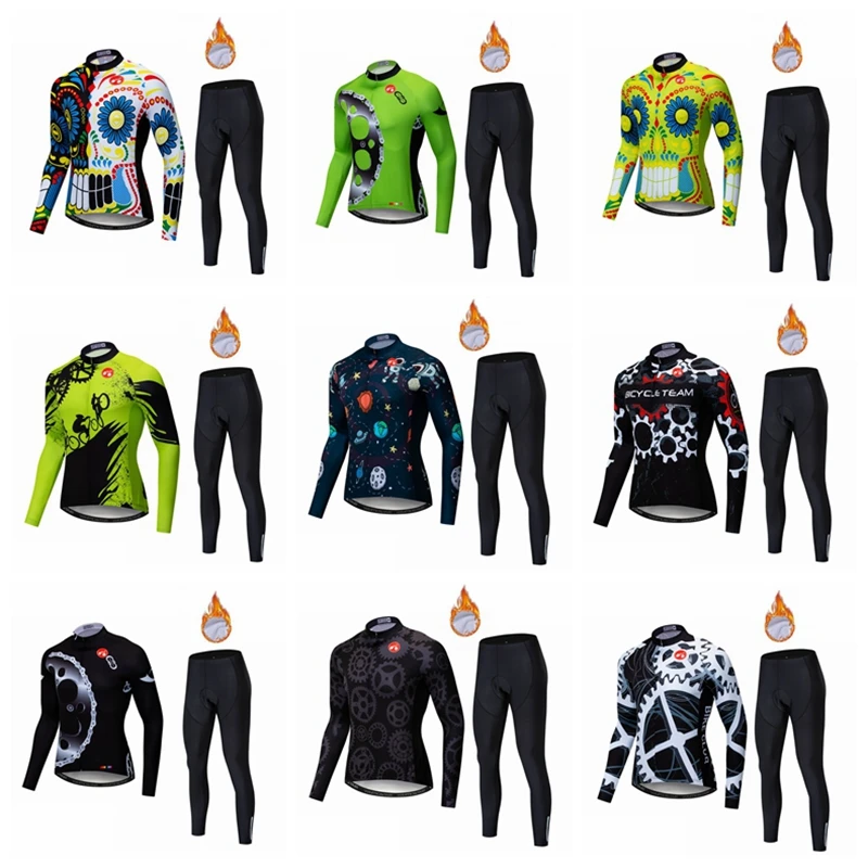 Weimostar Mens Winter Thermal Fleece Cycling Jersey Long Sleeve+Tight Pants Set Outdoor Sport