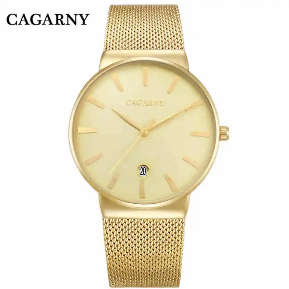 

CAGARNY Men Steel Bracelet Watch Mesh Strap Ultra Thin Style Hand Watches Top Brand Luxury Quartz Clock Calendar Wristwatches