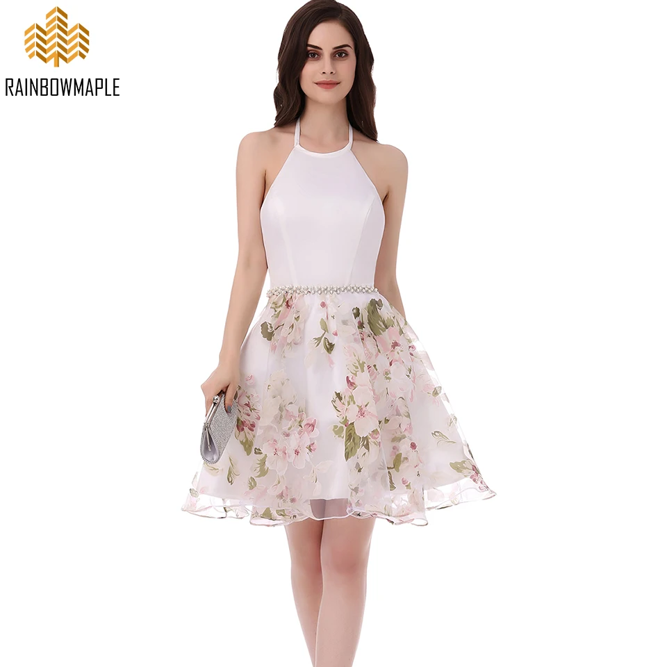 Beautiful Floral Organza Print Short Cocktail Dresses With High Neck