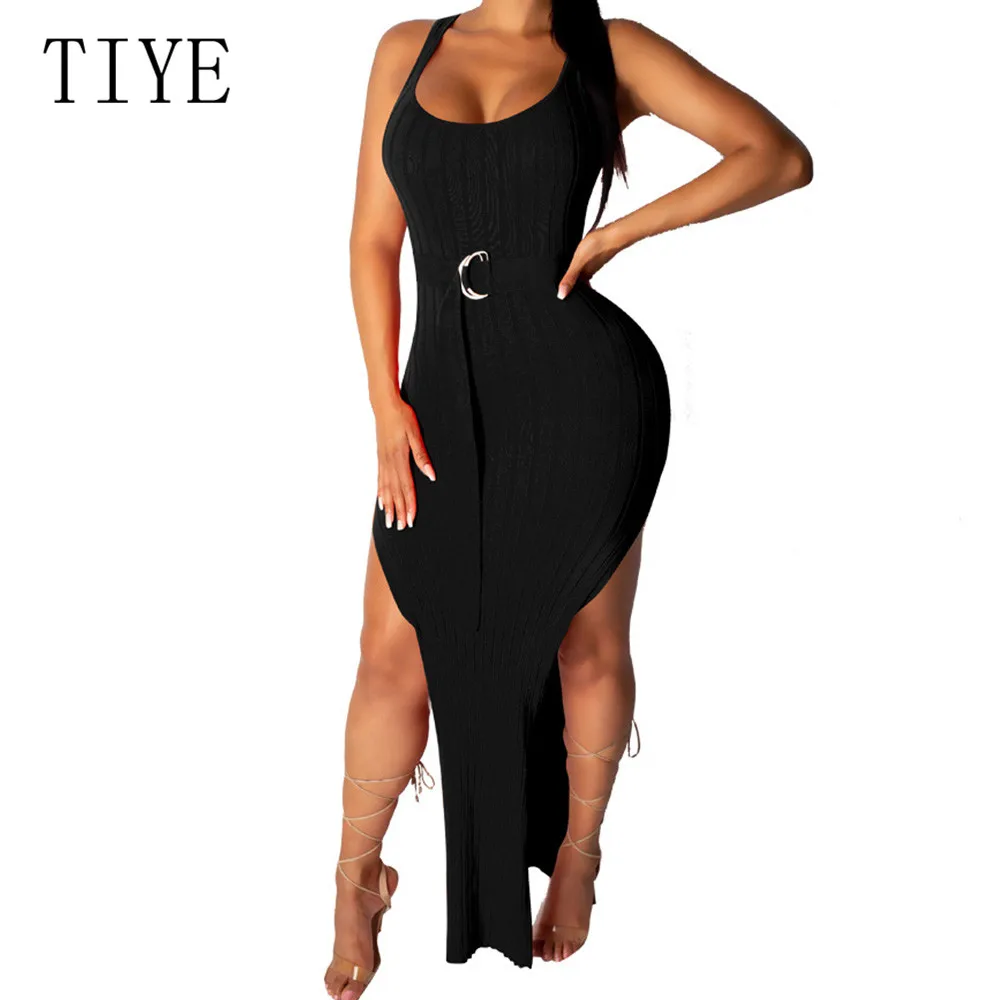 

TIYE Elegant High Split Pit Maxi Dress Sexy Sleeveless Hollow Out Bodycon Bandage Dress with Waist Belt Women Summer Pink Dress