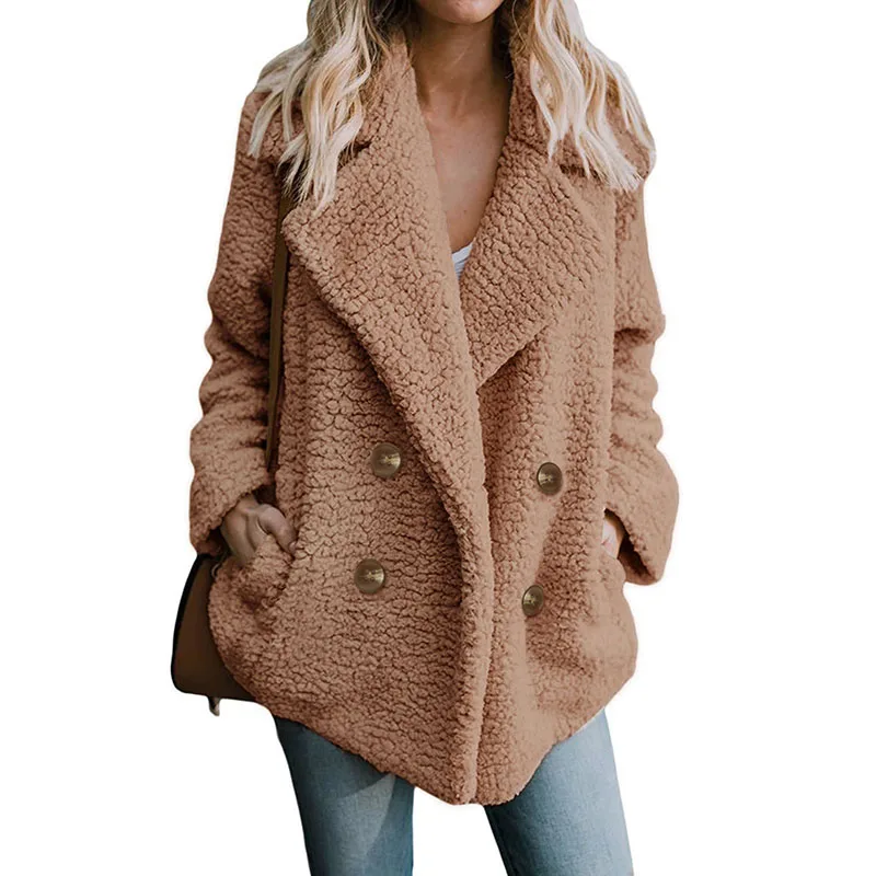 

2018 Lamb Faux Fur Winter Coat Women Long Sleeve V neck Double Breasted Turn Down Collar Elegant Warm Coat Outwear 6Q2326