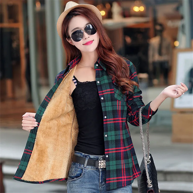 low cost 2019 New Winter Warm Women Velvet Thicker Jacket Plaid Shirt Style Coat Female College Style Casual