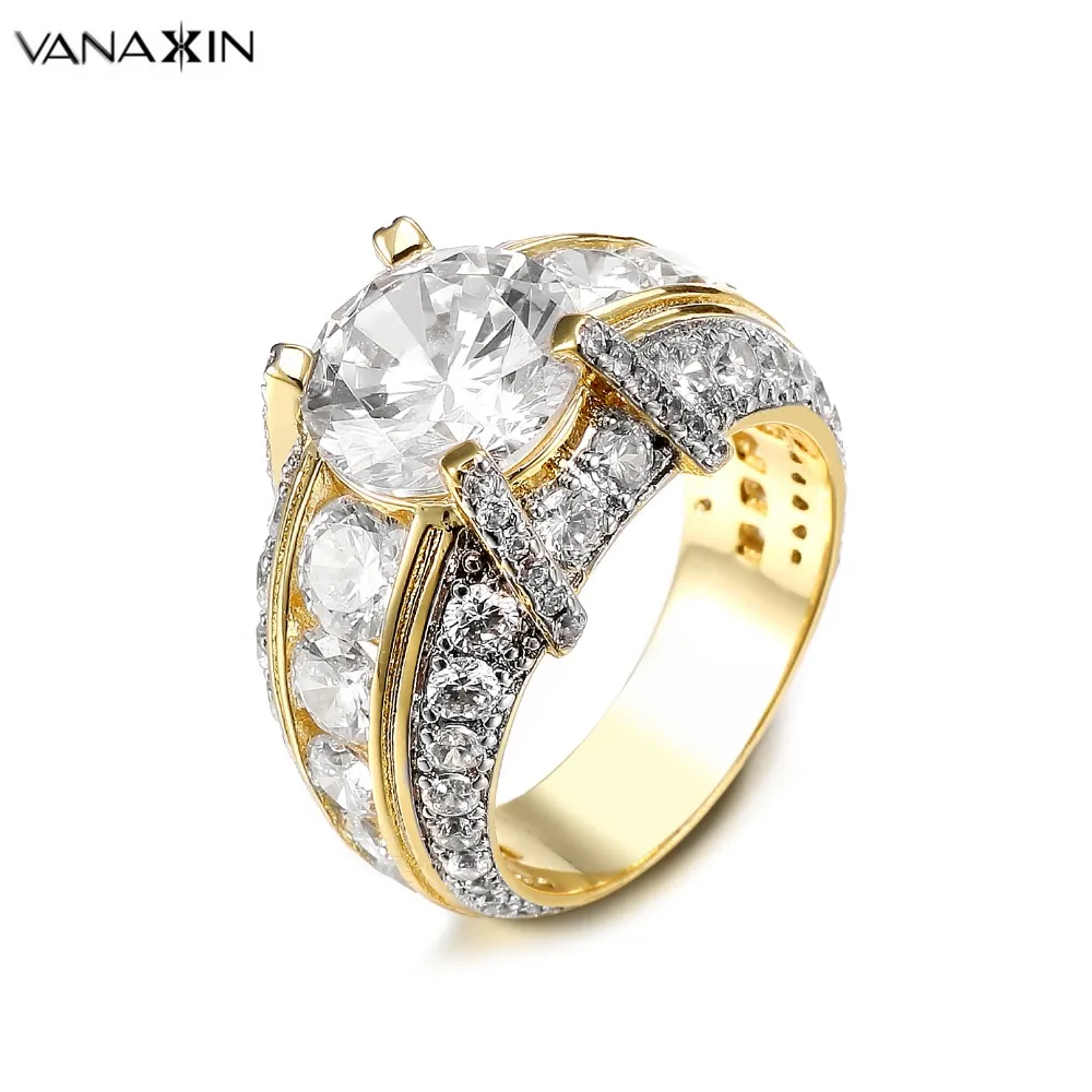 VANAXIN, модное прозрачное кольцо с кубическим цирконием, мужские и женские кольца, ювелирные изделия, обручальные большие кольца для женщин, два тона, золото/серебро