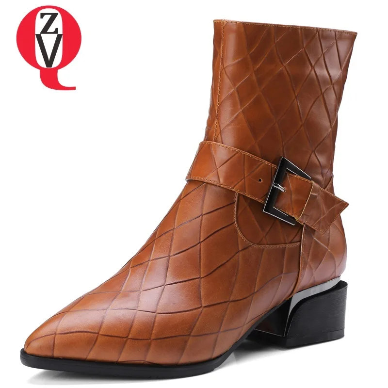 

ZVQ women shoes newest pointed toe plaid genuine leather med square heel zip big size high quality black and brown ankle boots