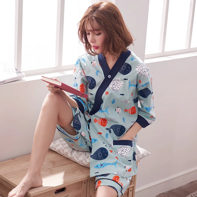 Женские японские кимоно юката с мультяшными рыбками, пижамные комплекты, хлопок, банные костюмы, короткие штаны, ночная рубашка, одежда для сна, домашняя одежда для отдыха