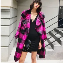 Стильное клетчатое пальто из искусственного меха с большим отворотом зимние женские куртки из искусственного меха контрастного цвета свободная верхняя одежда средней длины 2 цвета