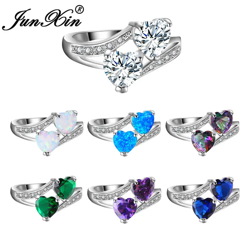 JUNXIN Rainbow Stone Double Heart Rings For Women 925 Sterling Silver Filled aaa Zircon Royal Blue/Purple Birthstone Ring Female
