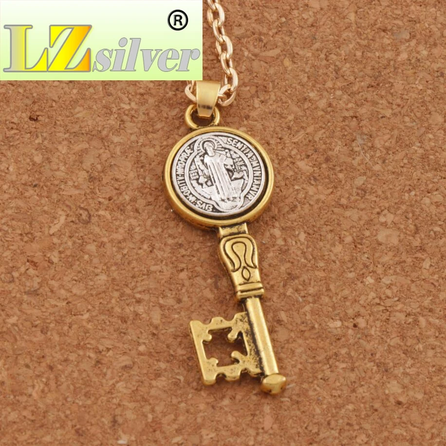 Святой Бенедикт Экзорцизм медаль католический крест ожерелье с подвеской в виде ключа N1692 42x14,6 мм старинное серебро и золото