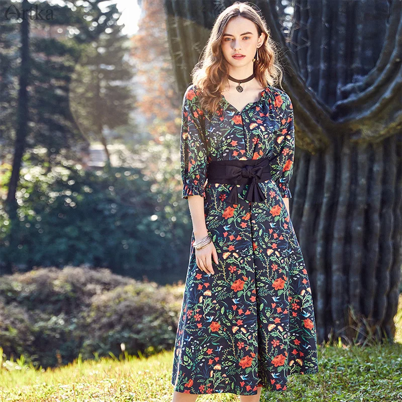 

ARTKA 2019 Summer New Women Sexy Dress Three Quarter Sleeve Bow Belt Removable Fashion Dress Lady A-Line Dresses LA10087C