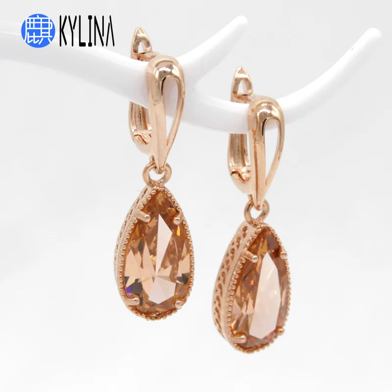 

KYLINA Classic 8 Color Water Drop Cubic Zirconia Dangle Earrings 585 Rose Gold Bohemia Eardrop For Women Girl Wedding Jewelry