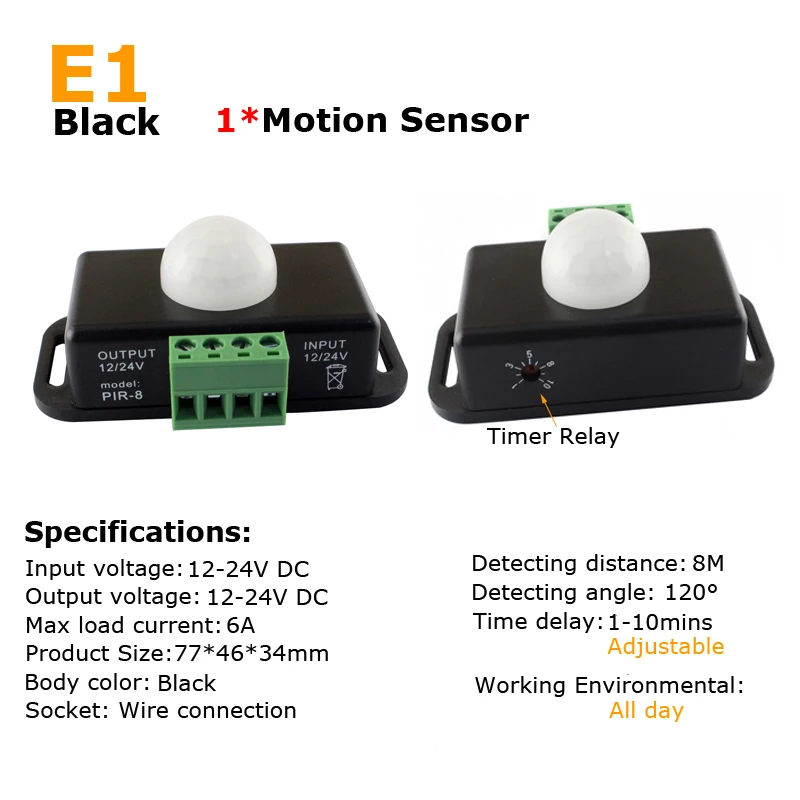 12 в датчик движения PIR Сенсор 24 В 5 В DC12V движения Сенсор детектор движения Автоматический выключатель на таймер отключения инфракрасный движения сенсор выключатель света 5 В - Цвет: E1 Black