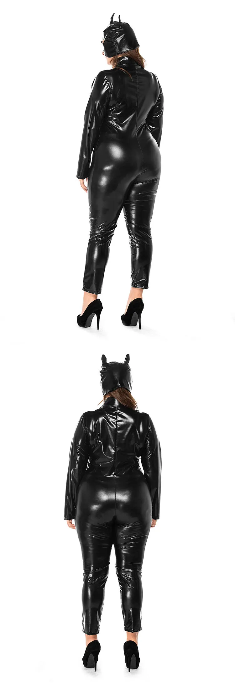 Fat Lady костюмы больших размеров сексуальный кот женщина черный искусственная кожа Комбинезон Маска 2 шт. Набор Хэллоуин Cos Carnaval Disguisement