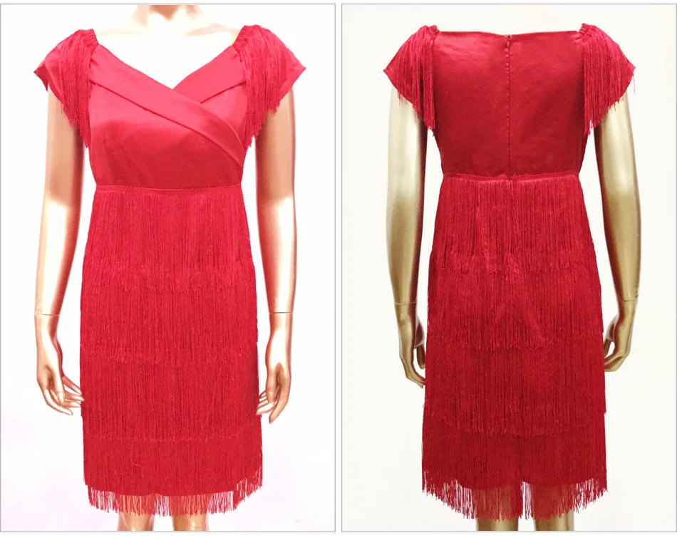 Очаровательная слоистая кисточка V шеи Мини женское платье Vestido с коротким рукавом качели бахрома плотная талия обертывание Черное женское платье