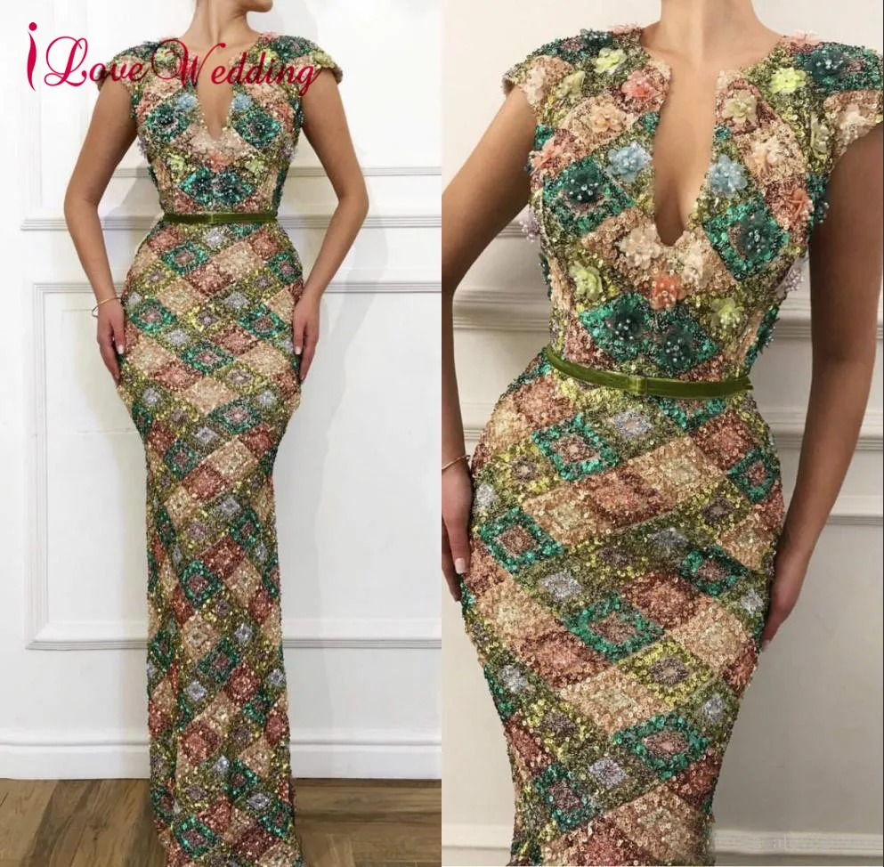 Robe De Soiree 2019 Sexy Formal Dress Cap Sleeves Multi Sequin Lace Evening Dress Custom made Trumpet Evening Gown for Party