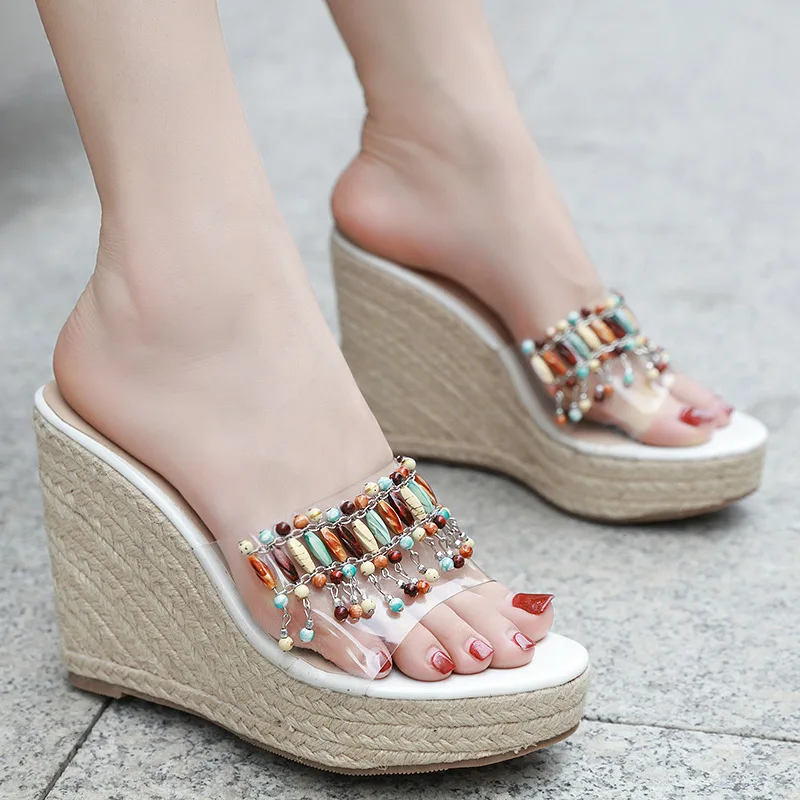 

Water Wicker Slippers Female Modis Ethnic Style Clogs Platform Summer Ladies Heels Leather Rubber Wedge Shoes Woman New 2019