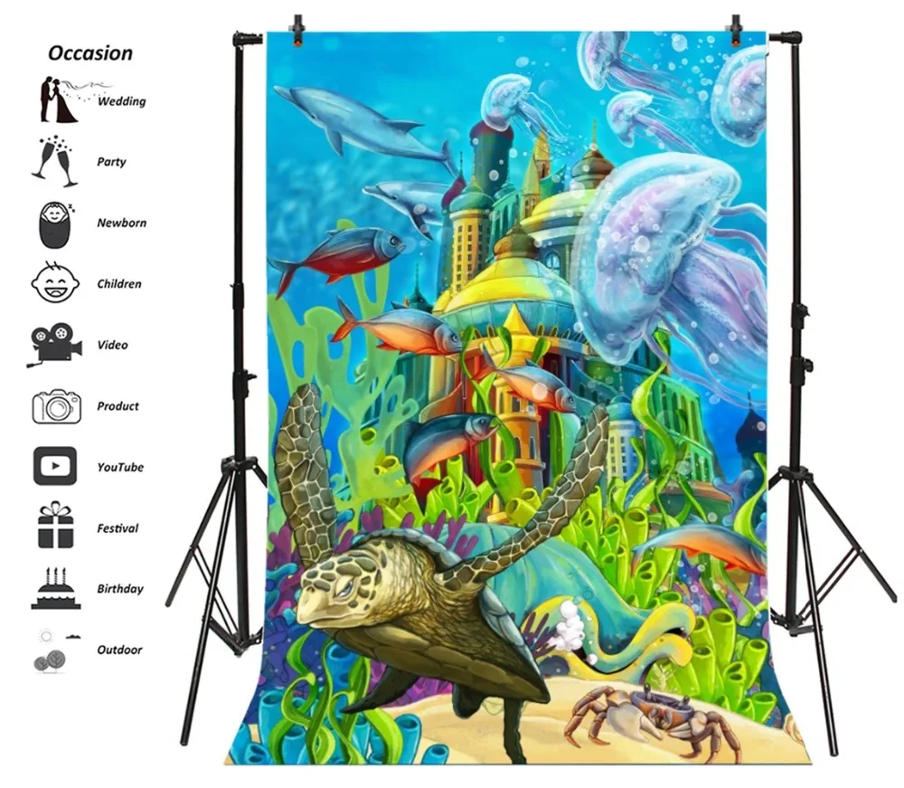 Laeacco Sea Underwater Tortoise Fish Castle Baby Photography Backgrounds Customized Photographic Backdrops For Photo Studio