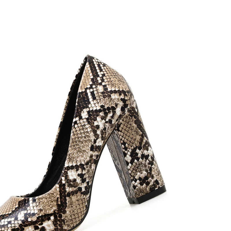 2019 Summer Women Block 10cm High Heels Pumps Female Elegant Fetish Serpentine Heels Chunky Dress Shoes Thick Snake Print Pumps