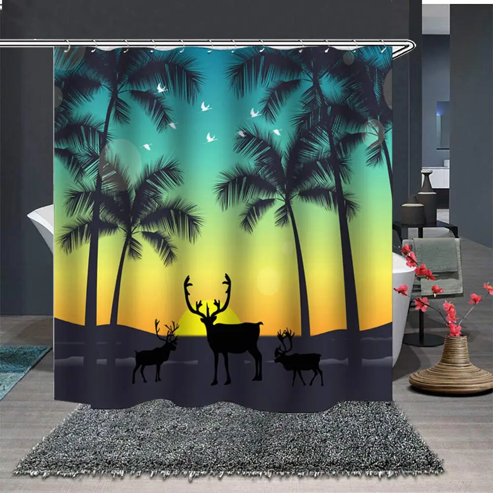 Gorgeous Sunset View Bathroom Shower Curtain Sika Deer Coconut Tree Bath Curtain