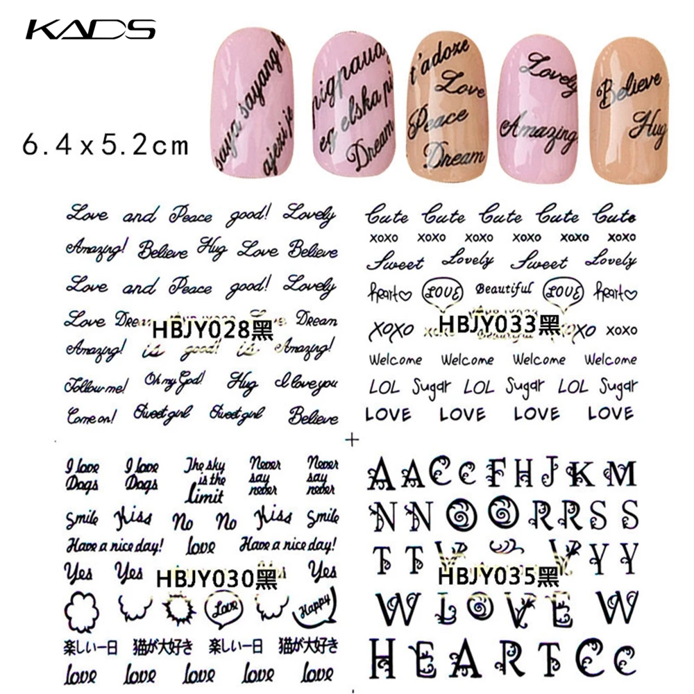 KADS 12 hojas 3D pegatina de uñas serie de diseños de letras pegatinas de Arte de uñas calcomanías de agua para Pegatinas de uñas arte secreto