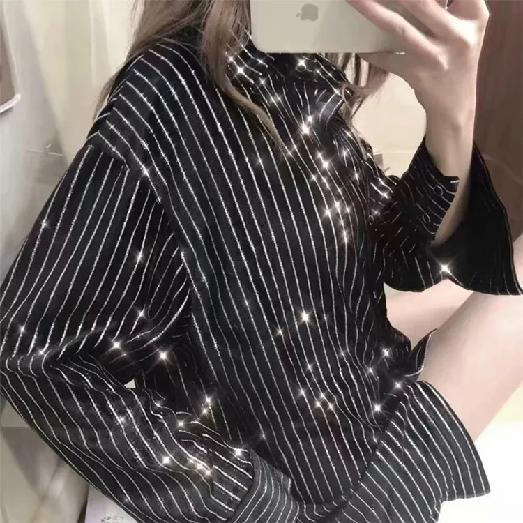 

Bling Bling oversize black striped blouses women plus size loose velvet shirts and blouses 2019