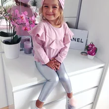 Коллекция года, весенне-осенние комплекты одежды для новорожденных девочек розовые топы с длинными рукавами+ серебристые кожаные штаны+ шапочка, комплекты детской одежды