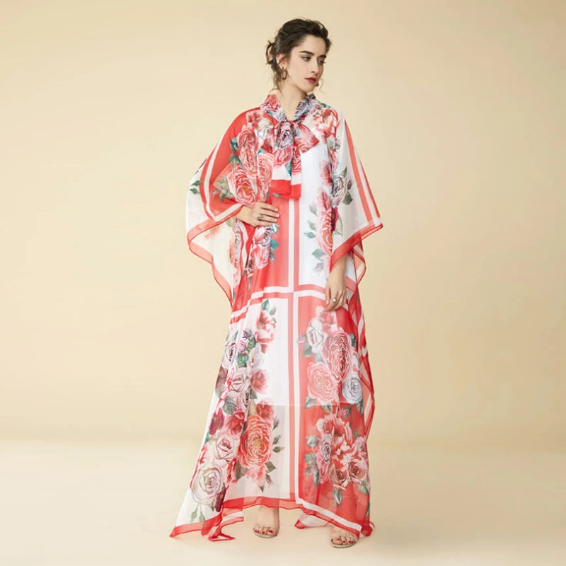 De 2018 Printemps Longue En Soie Manches Fleur Rose Féminine Robe Col B030 Arc Femmes Été Chauve Lâche Mousseline Maxi Robes Imprimé Printed souris ptqqwPE