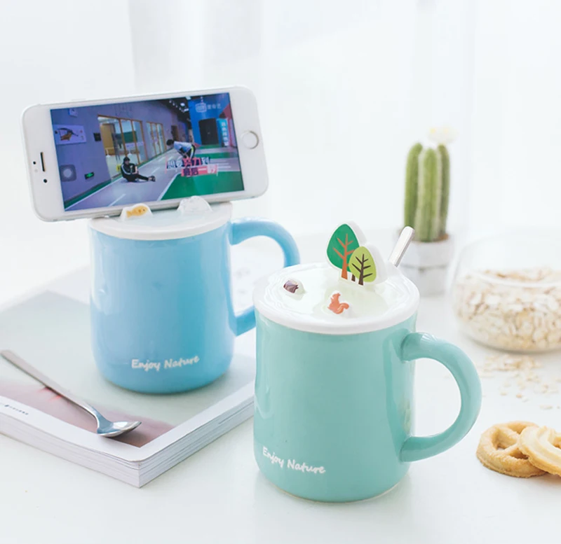 

Personality Couple Ceramic Mug with Cover Spoon,Student Breakfast Milk Mugs Cartoon Milk Cup,puer mug Mobile phone holder mug