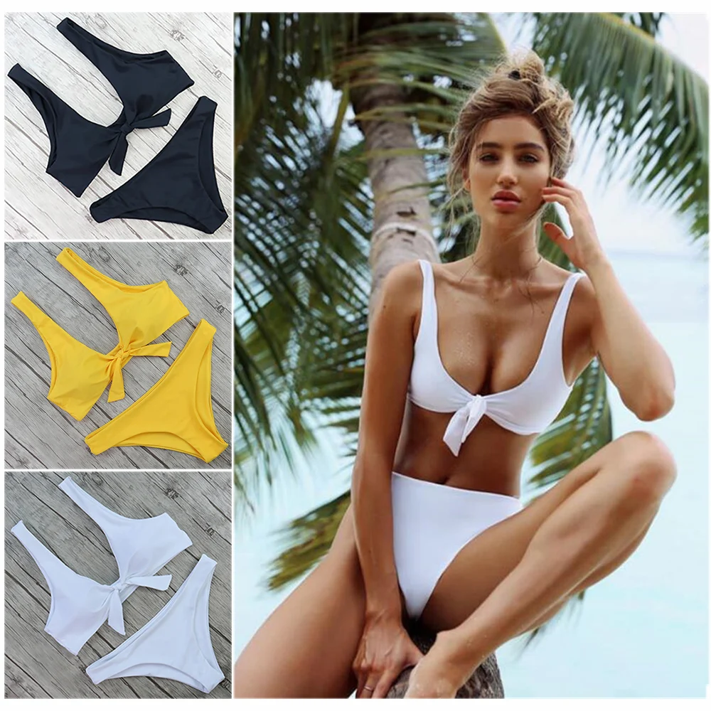 Online Gran oferta Bikini 2019 Sexy traje de baño de cintura alta mujeres pecho lazo nudo Push Up traje de baño verano Brasileño Tanga trajes de baño