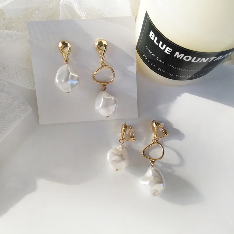 Korean Vintage Concise Simple White Irregular Pearls Resin Stone Shape Clip Earrings without Piercing Ins For Women Lady Party
