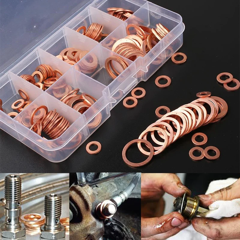  200 Pcs Car Copper Washer Flat Ring Seal Kit Oil Seal Sheet Gasket Garage Engine Washer Auto Repair