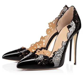 

Sexy White Hollow Sculpture Flowers Pointed Toe Women Shoes Thin High Heeled Slip-on Pumps Big Size 10 Lady Dress Shoes