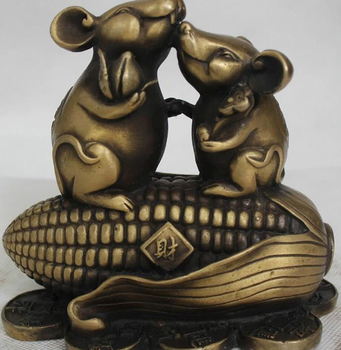 

5" Chinese Folk Feng Shui Copper Two Zodiac Year Mouse Corn Peach Ru Yi Statue