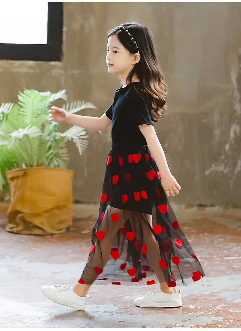 Длинная юбка-пачка красного цвета с вышивкой в виде сердца для девочек-подростков детские летние черные фатиновые юбки для танцев корейская детская одежда