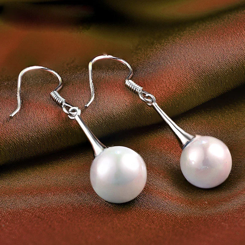 LIAMTING Simple Solid Silver Pearl Drop Earrings For Women 925 Sterling