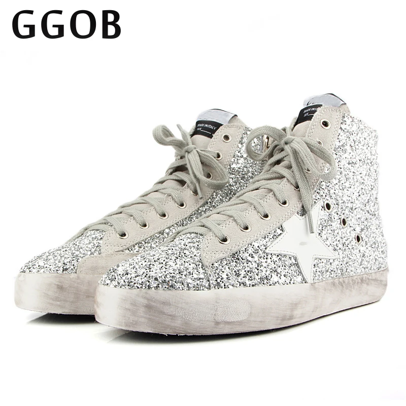 

GGOB 2018 Silver Gray Bling Cowhide Casual Shoes Women Korean Fashion Distressed Geniune Leather High Cut Breathable Women Shoes