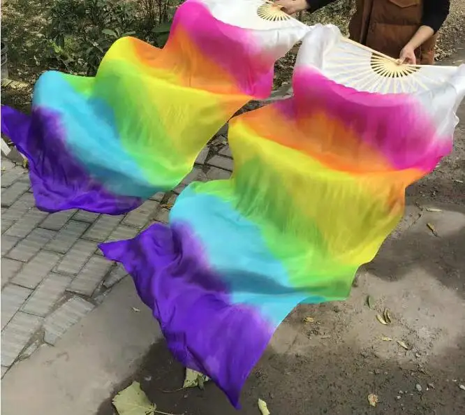 

New Arrival Hot Sell Rainbow Bellydance Silk Fan Veils Hand Dye Vivid Light Fan Veil Pairs Gradient 120cm 180cm Professional
