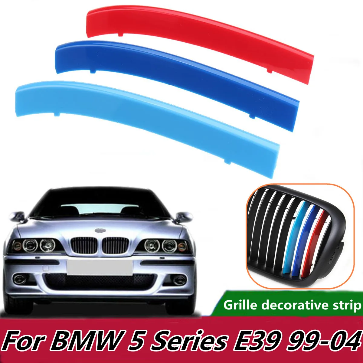 

3pcs Car Front Grill Sport Stripes Motorsport Power Stickers for BMW E39 1999-2004 Grille Trim Fasten Tri-Color Strips Covers