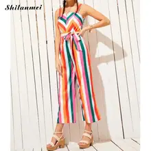 Women Summer Rompers Wide Leg Long Overalls Colorful Striped Jumpsuits Beach Style Lace Up Sashes Rainbow Pants Fashion Jumpsuit