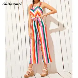 Monos largos de pierna ancha para mujer, peto a rayas de colores, estilo playero, con cordones y fajas, pantalones de arcoíris, moda de verano