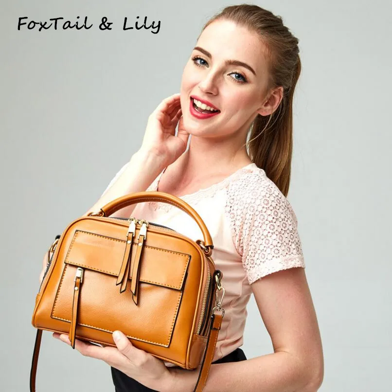 

FoxTail & Lily Oil Wax Cowhide Handbags Women Shoulder Messenger Bags Female Crossbody Bag Double Zipper Tote Bags High Quality