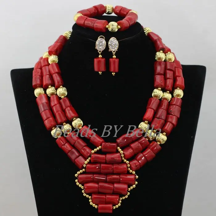 Traditional Indian Bridal Jewelry Sets African Wedding Coral Bead Jewelry Red Nigerian Beads Necklace 2017 Free Shipping ABK001